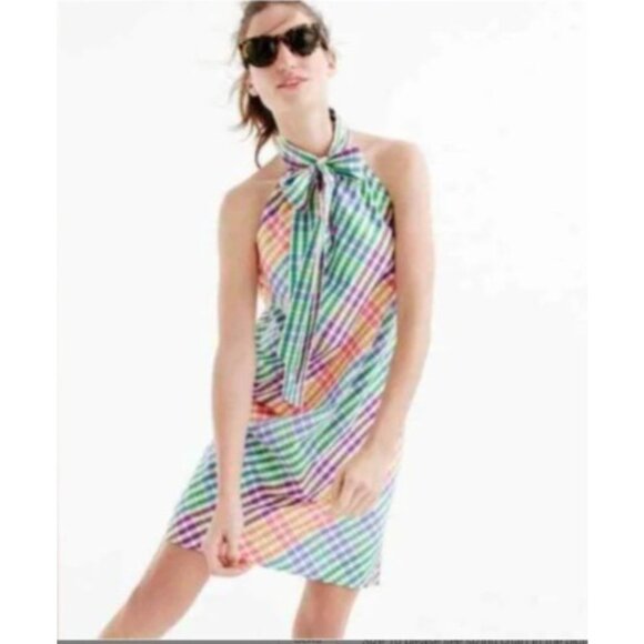 J Crew Woman's Gingham Tie Neck Cotton Sleeveless Mini Dress Rainbow size 12 - Picture 2 of 8